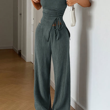 Women's Summer Fashion Outfit - Solid Color Crop Top and Pants, Side Drawstring, Comfortable for Casual Wear