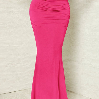 Solid Ruched Mermaid Hem Bodycon Skirt, Sexy High Waist Maxi Skirt, Women's Clothing