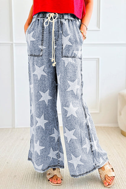 Light Blue Star Print Light Wash Drawstring Elastic Waistband Wide Leg Jeans