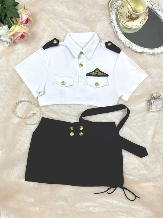 Naughty Policewoman Cosplay Costume, Short Sleeve Buttons Lapel Collar Crop Top & Side Tie Ruched Mini Skirt, Women's Sexy Lingerie & Underwear