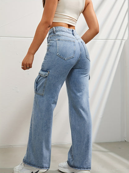 Side Flap Pocket High Waist Denim Cargo Pants, Light Washed Casual Slash Pocket Cargo Jeans, Kpop Y2K, Women's Denim Jeans & Clothing