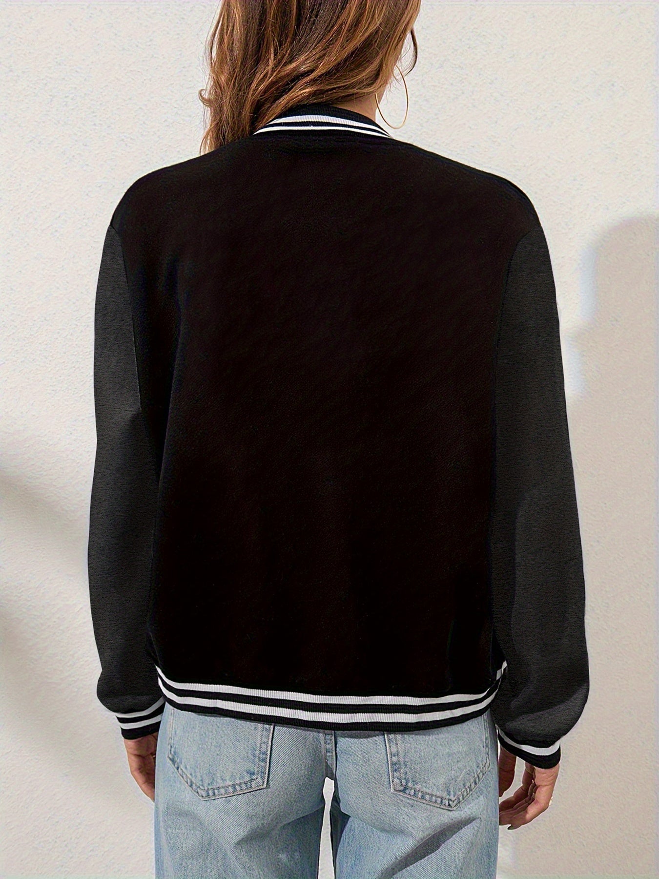 Chic NY-Inspired Women's Varsity Jacket - Elegant Black and White Baseball Uniform Style with Large "58.42cm & NYC Lettering, Striped Accents, Button Closure, Long Sleeves - Perfect for Spring & Autumn Casual Wear