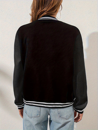 Chic NY-Inspired Women's Varsity Jacket - Elegant Black and White Baseball Uniform Style with Large "58.42cm & NYC Lettering, Striped Accents, Button Closure, Long Sleeves - Perfect for Spring & Autumn Casual Wear