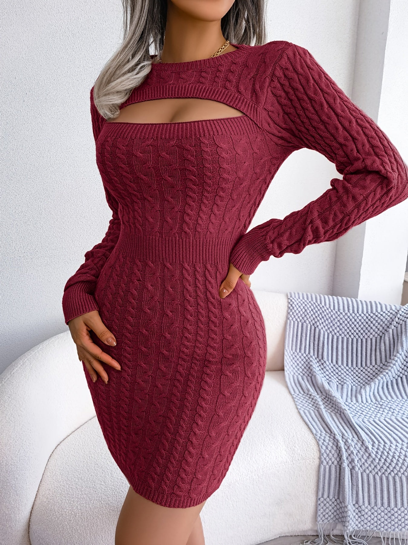 Solid Ribbed Knit Keyhole Dress, Elegant Crew Neck Long Sleeve Bodycon Dress, Women's Clothing