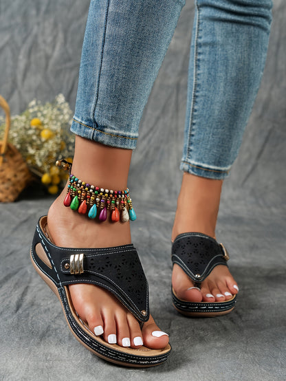 Stylish Cut-Out Thong Sandals - Soft Metallic Platform Wedge, Comfortable Beach Slides with Adjustable Straps, Vacation Essentials for Women