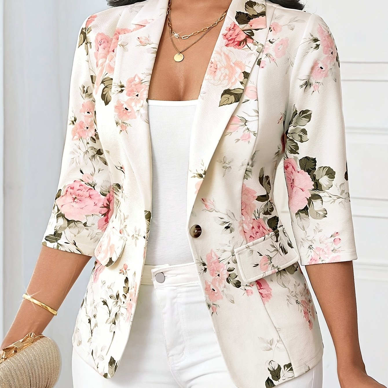 Women'S Floral Print Blazer - Elegant Office to Party Jacket, Structured Fit with Button Front Closure, Non-Stretch Fabric for Fall/Winter, Professional Women, Highquality Material, Work Attire, Fashion Lovers, Stylish Outerw