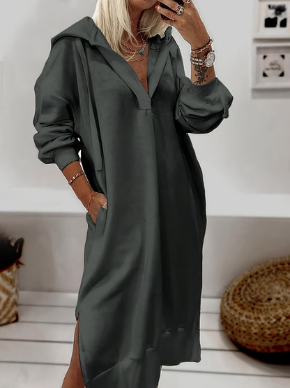 Solid Color Splited Hem Hooded Dress, Casual Long Sleeve Plunge Neck Dress For Fall & Wintern, Women's Clothing