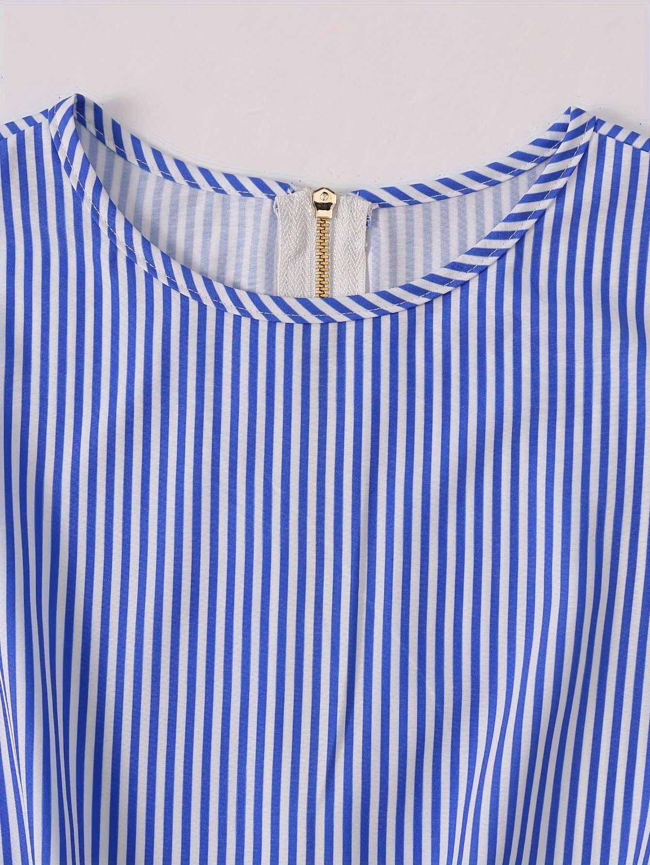 Striped Zip Up Knotted Blouse, Elegant Short Sleeve Crop Top For Spring & Summer, Women's Clothing