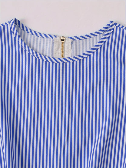 Striped Zip Up Knotted Blouse, Elegant Short Sleeve Crop Top For Spring & Summer, Women's Clothing
