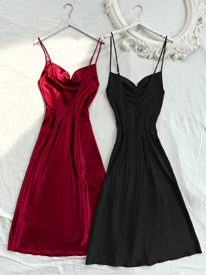 2 Pcs Women's Elegant Solid Satin Sleepwear Dress, Turtleneck Side Split Backless Midi Slip Dress, Comfortable Nightgown