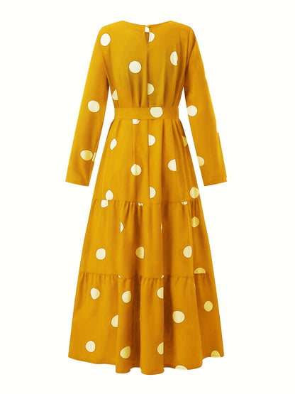 2023 New Women's Elegant Red & White Polka Dot Arabic Abaya Dress - Long Sleeve Round Neck with Adjustable Waist Tie, Machine Washable Lightweight Modest Cover for Spring Summer Fall, Abaya for Summer, Cultural Attire, Season