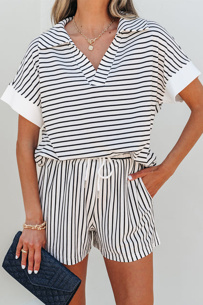 Black Stripe V Neck Tee and Casual Short Set