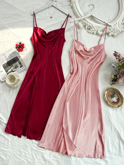 2 Pcs Women's Elegant Solid Satin Sleepwear Dress, Turtleneck Side Split Backless Midi Slip Dress, Comfortable Nightgown