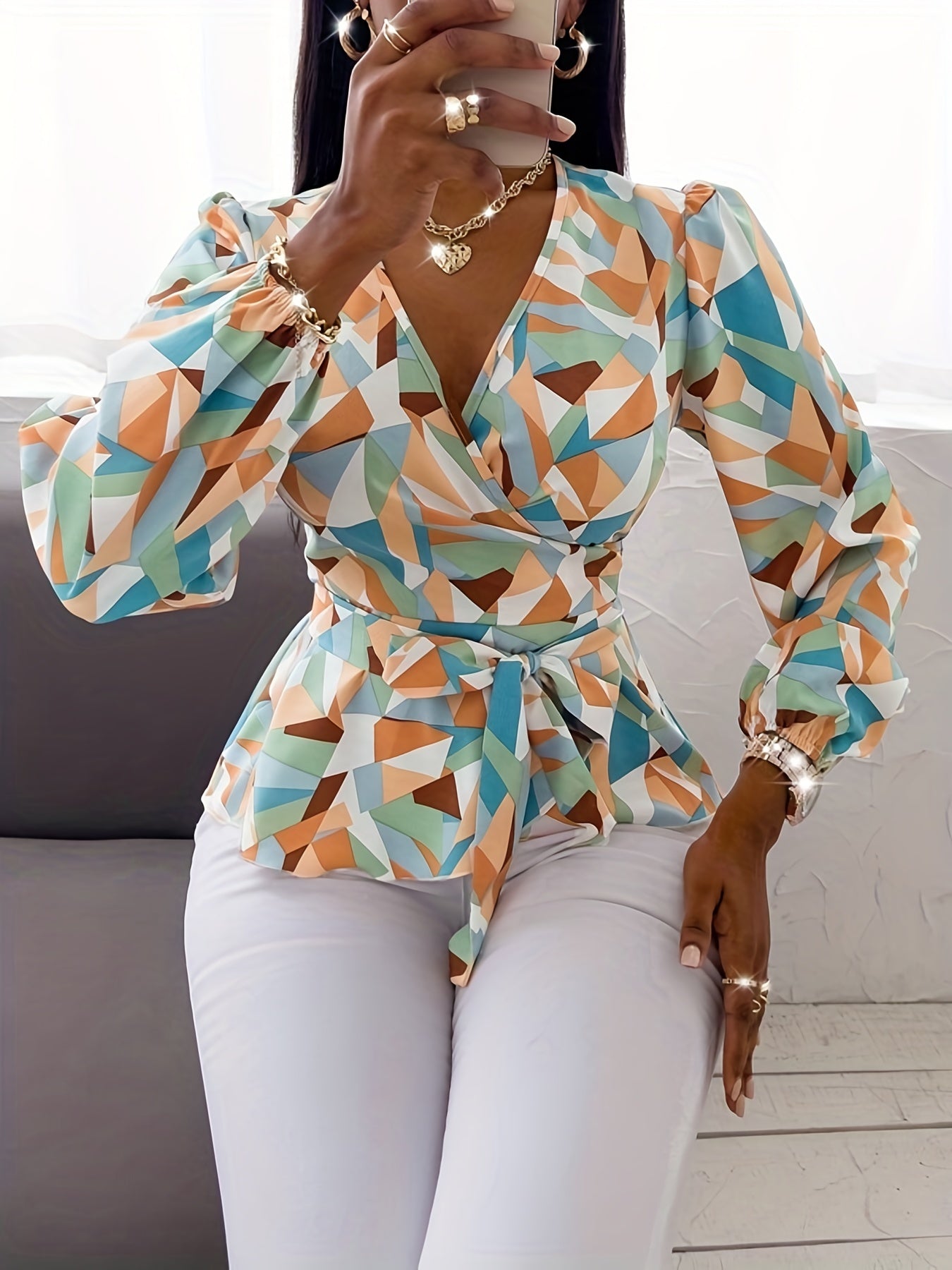 Geo Printed Belted Blouse, Elegant Long Sleeve V Neck Blouse For Spring, Women's Clothing