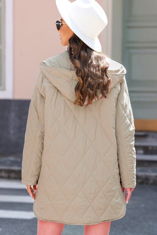 Green Quilted Snap Button Hooded Puffer Coat