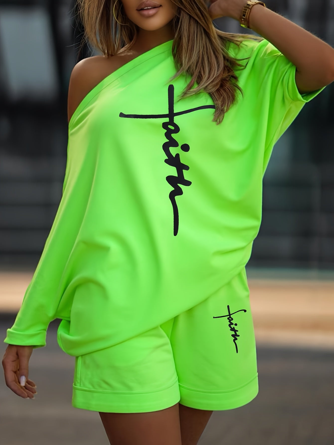 Chic Faith Printed Women's 2-Piece Set – Off-Shoulder Tee & Comfy Drawstring Shorts for Casual Wear