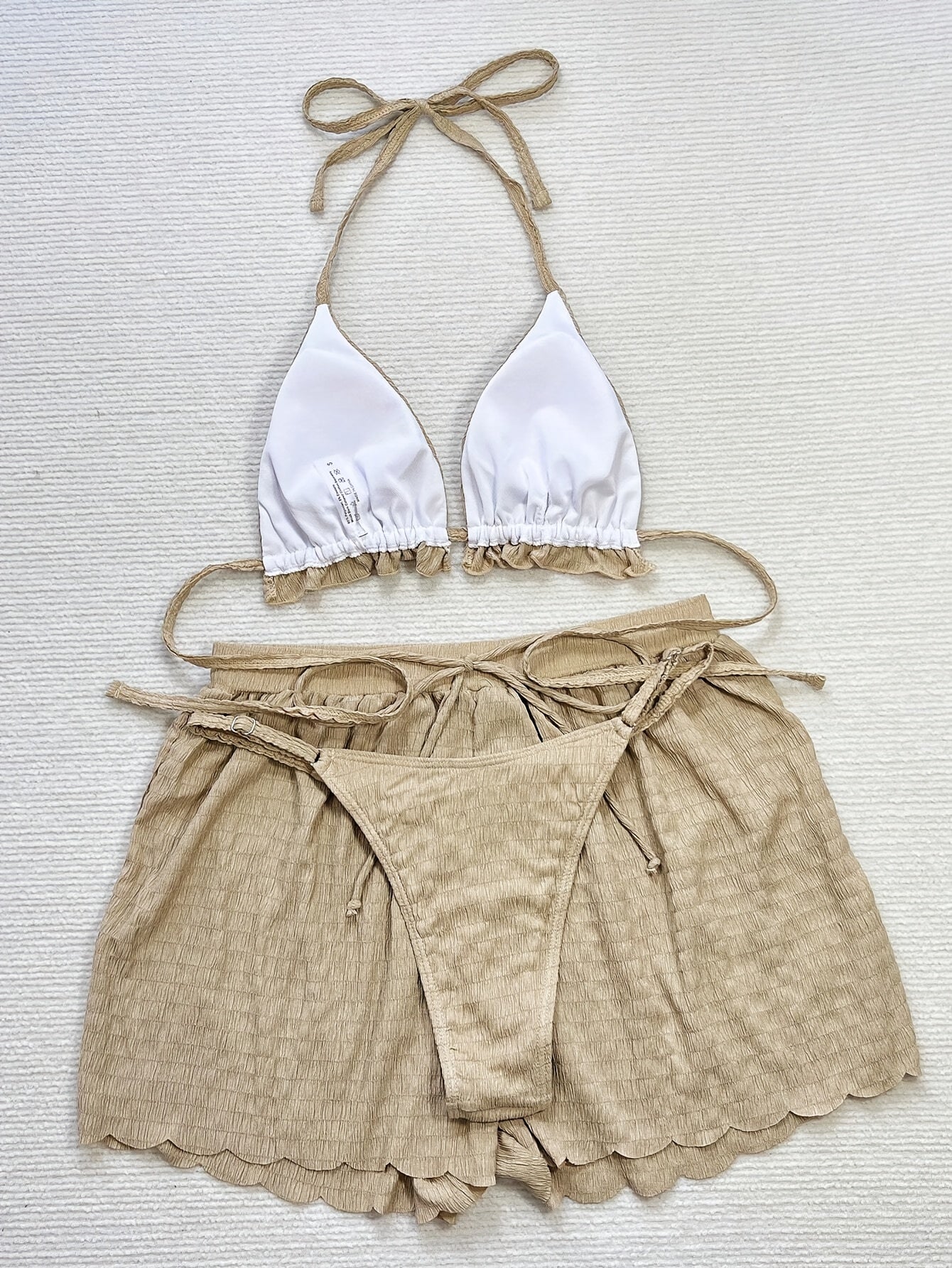 [Elegant | Beige] 3pcs Beige Elegant Bikini Set | High-Waisted Bottoms & Ruffled Halter Top | Includes Sheer Cover-Up Shorts - Women's Swimwear with Floral Embroidery