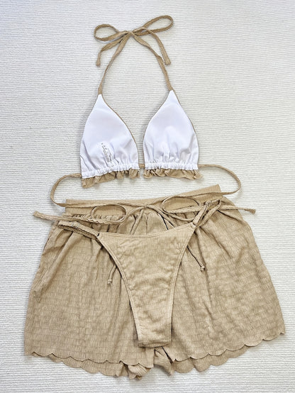 [Elegant | Beige] 3pcs Beige Elegant Bikini Set | High-Waisted Bottoms & Ruffled Halter Top | Includes Sheer Cover-Up Shorts - Women's Swimwear with Floral Embroidery