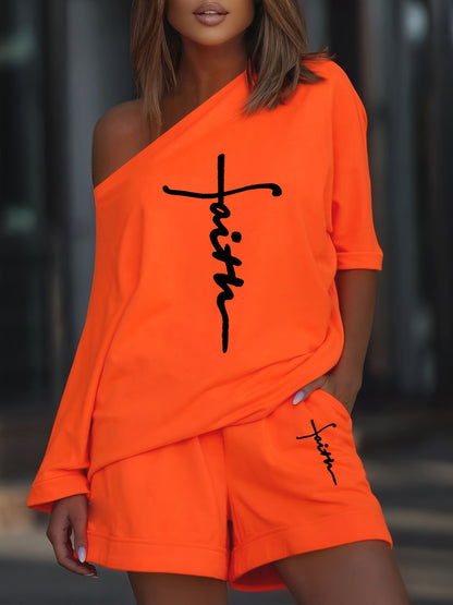 Chic Faith Printed Women's 2-Piece Set – Off-Shoulder Tee & Comfy Drawstring Shorts for Casual Wear