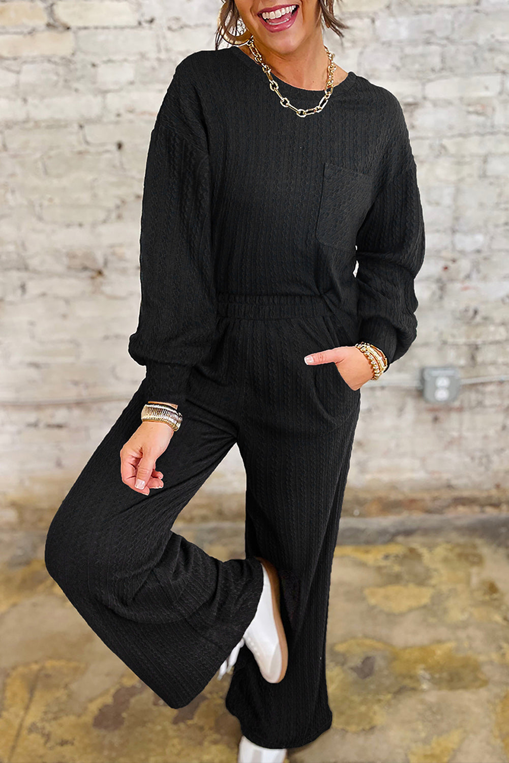 Black Textured Chest Pocket Long Sleeve Top 2Pcs Pants Set