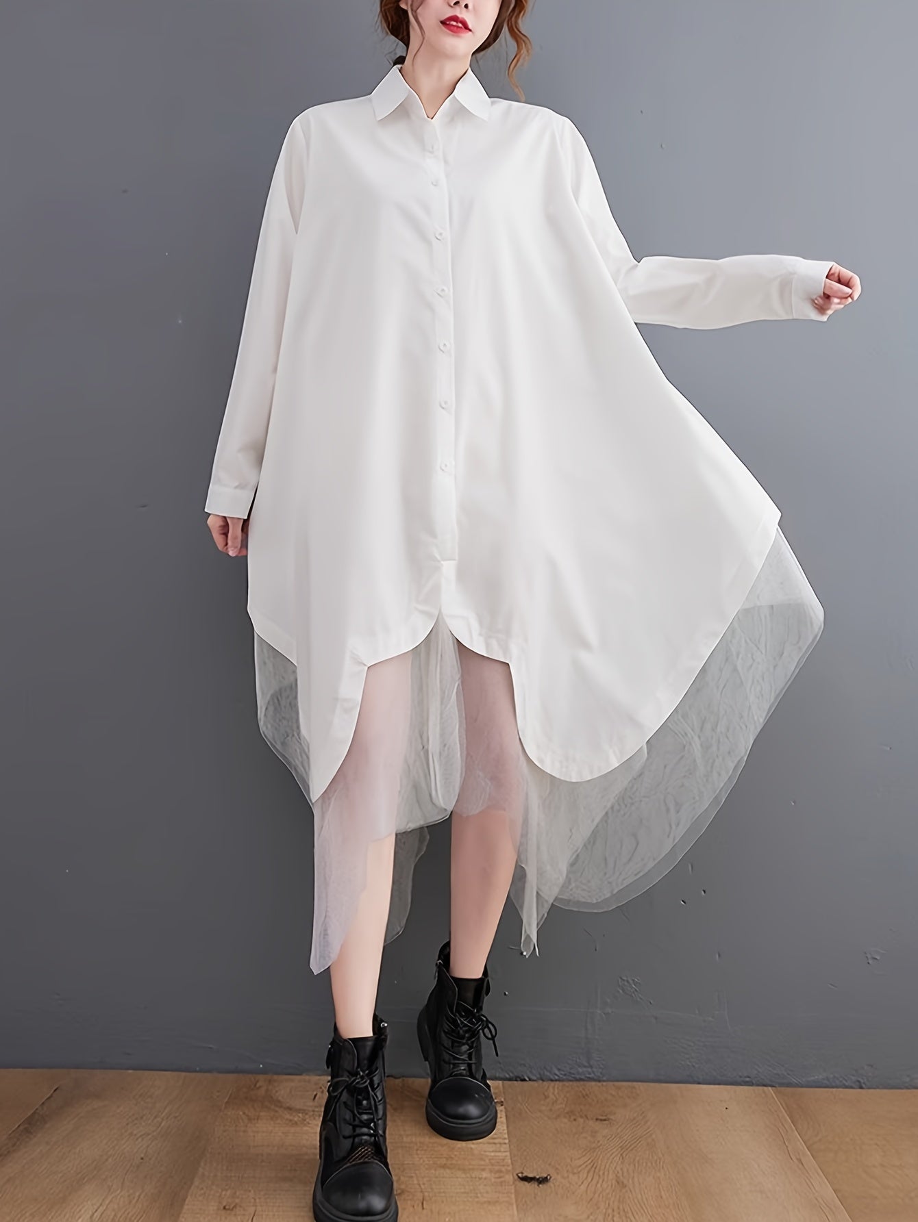 Asymmetric Hem Button Front Shirt, Stylish Long Sleeve Contrast Mesh Loose Blouse For Spring & Fall, Women's Clothing