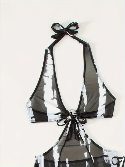 3 Piece Set Tie Dye Bikini - Halter Neck Triangle High Cut Swimsuit with Ring-Linked Mesh Cover-Up Dress - Women's Swimwear, Beachwear, and Vacation Clothing for Summer