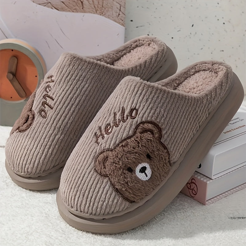 HOLLE Plush Fleece-Lined Winter Slippers with Cute Cartoon Bear Design - Soft EVA Sole Indoor House Shoes for Women & Men, Cozy Warm Indoor/Outdoor Footwear, Cute Slippers