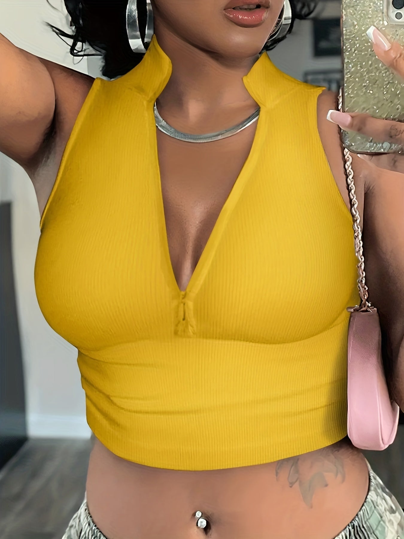 Ribbed Zip Decor Crop Top, Casual Solid Plunging Neck Tank Top For Summer, Women's Clothing