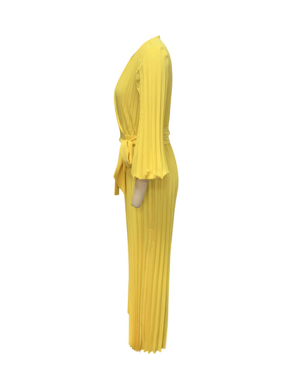 Women'S Stylish Yellow Pleated Jumpsuit with V-Neck and Tie Waist - Perfect for Spring/Summer/Fall, Polyester Fabric, Zipper Closure, Adult Casual Wear, Casual Wear Jumpsuit | Pleated Design Jumpsuit | Vibrant Jumpsuit, Jumps