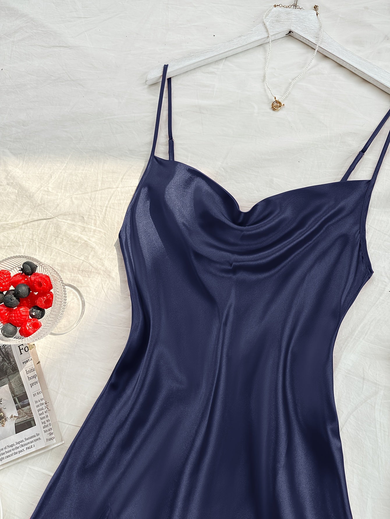 2 Pcs Women's Elegant Solid Satin Sleepwear Dress, Turtleneck Side Split Backless Midi Slip Dress, Comfortable Nightgown