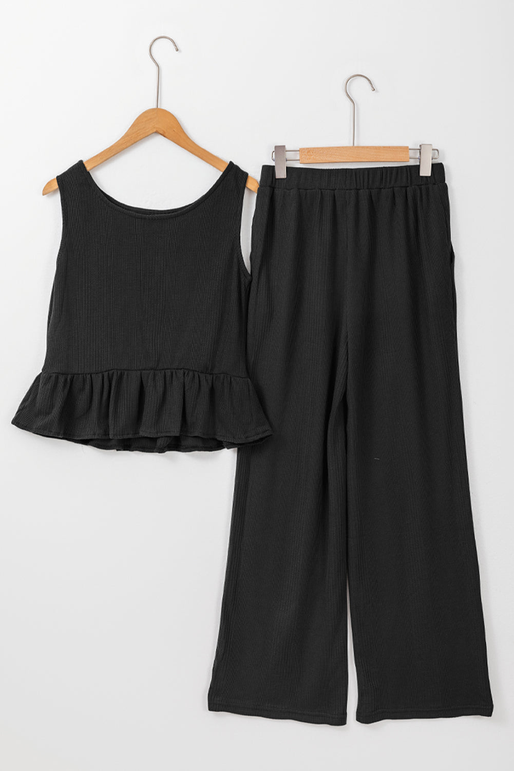 Black Solid Color Ribbed Ruffle Tank Top and Pants Set