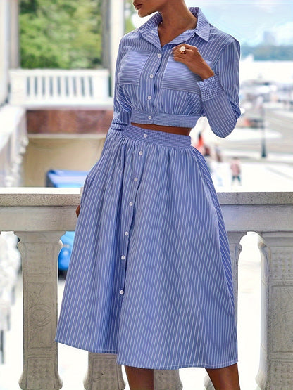 Casual Meets Elegance: Stripe-Print Crop Top & Ruffled Swing Skirt Set - Easy Maintenance, Ideal for Spring/Summer