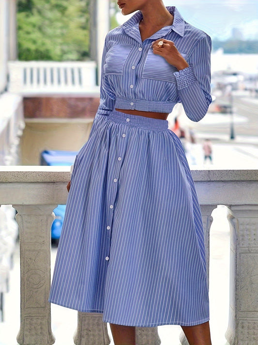 Casual Meets Elegance: Stripe-Print Crop Top & Ruffled Swing Skirt Set - Easy Maintenance, Ideal for Spring/Summer