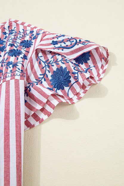 Red Stripe Plus Size Floral Embroidered Petal Sleeve Blouse