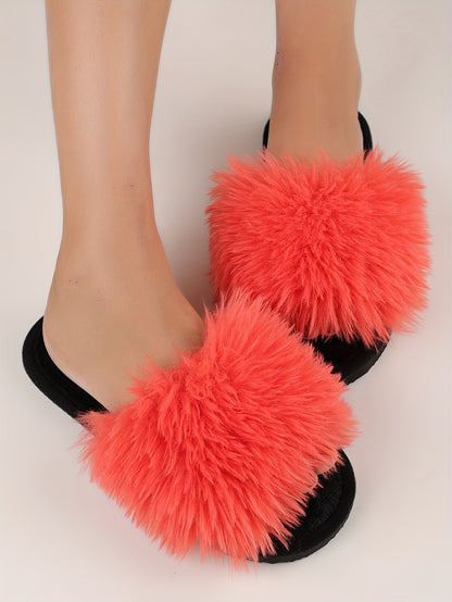 Elegant Women's Faux Fur Slippers - Winter Plush Open Toe Slip-On House Slippers with EVA Sole - Solid Color Fluffy Indoor Cotton Slides - Cixi Production Area