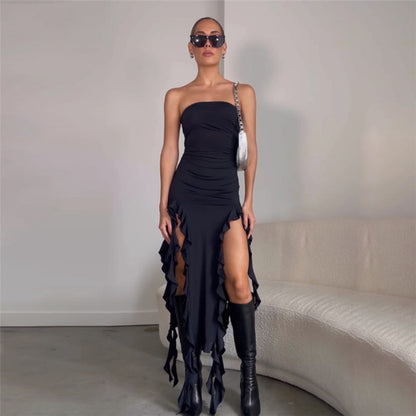 Ruffle Trim Split Dress, Sexy Off Shoulder Bodycon Party Club Dress, Women's Clothing
