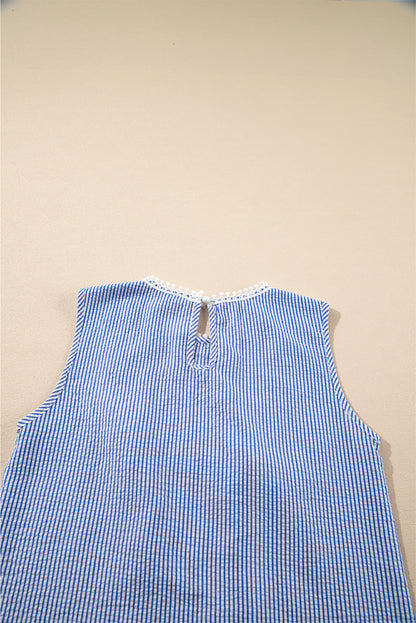 Sky Blue Stripe Lace Patchwork Crew Neck Tank Top