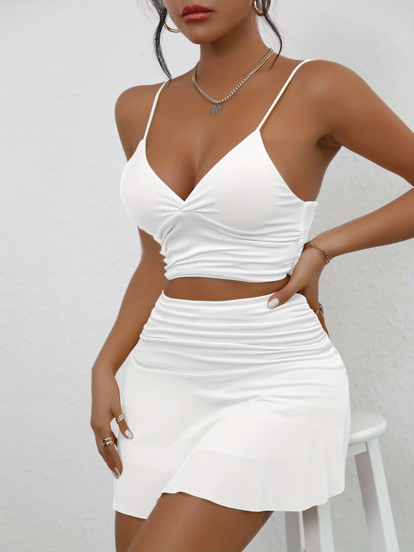 Solid Sexy Two-piece Set, V Neck Spaghetti Strap Cami Top & Ruffle Hem Mini Skirts Outfits, Women's Clothing