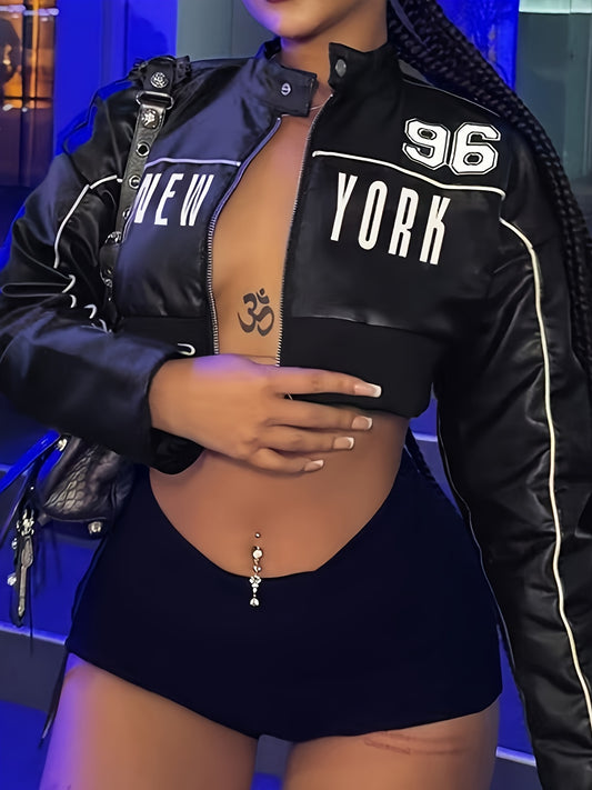 Women's Elegant NEW YORK 98 Letter Print Jacket - Maroon Short-Length Zipper Front with Ribbed Cuffs, Machine Washable T-Shape Regular Fit for Spring Summer Fall Casual Outerwear