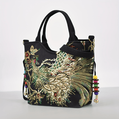 Women's Embroidered Satchel Bag, Fashion Double Handle Purse, Retro Style Handbag With Removable Strap