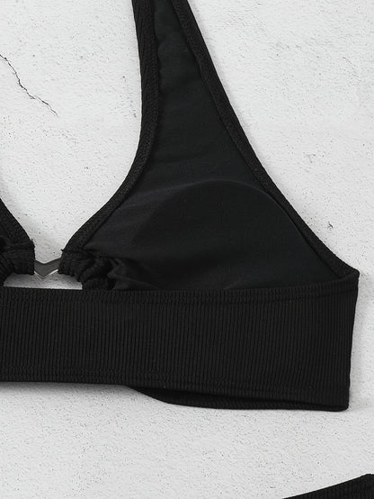 Women's Ribbed Textured Bikini Set With Bow Tie Halter Top And High Cut Bottoms, Heart-Linked Two Pieces, Beachwear, Swimwear
