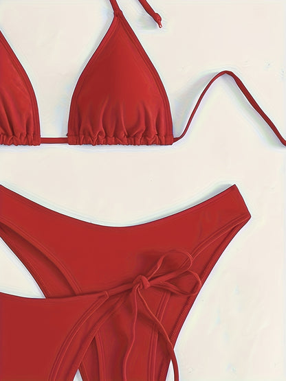 Solid Color 3 piece Set Bikini, Halter Neck Backless Swimsuits, Women's Swimwear & Clothing