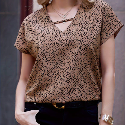 Elegant Dalmatian Spot V-Neck Blouse for Women - Lightweight Polyester, Short Sleeve, Machine Washable Summer Top