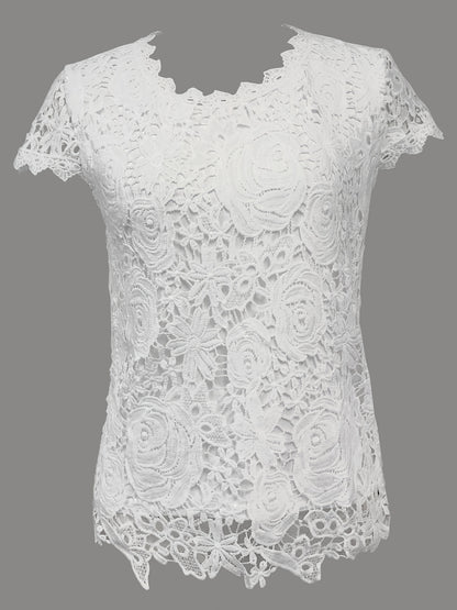 Solid Lace Short Sleeve Top, Versatile Blouse For Spring & Summer, Women's Clothing