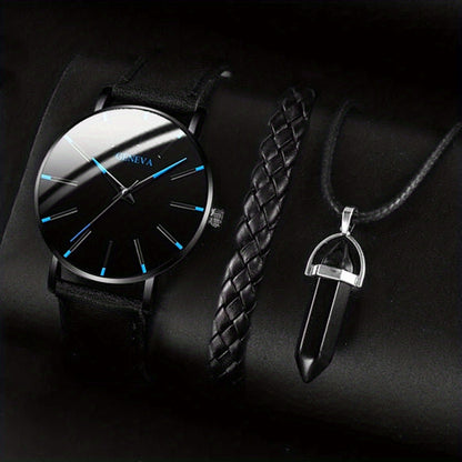 Elegant Men's Quartz Watch with Matching Bracelet and Necklace