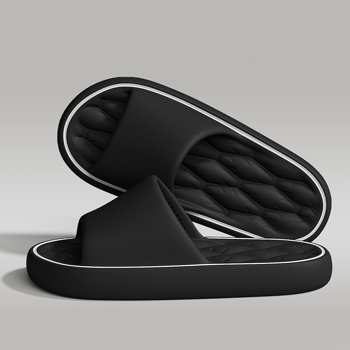 [Comfortable Slides] Comfortable Unisex EVA Slides | Non-Slip Indoor/Outdoor Slippers for Men and Women, Black with White Trim, Textured Sole for Enhanced Grip, Perfect for Home, Bathroom, or Casual Use, House Slippers