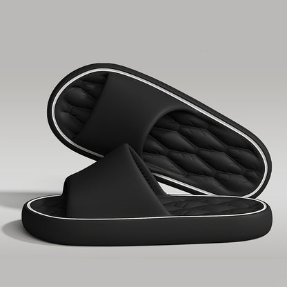 [Comfortable Slides] Comfortable Unisex EVA Slides | Non-Slip Indoor/Outdoor Slippers for Men and Women, Black with White Trim, Textured Sole for Enhanced Grip, Perfect for Home, Bathroom, or Casual Use, House Slippers