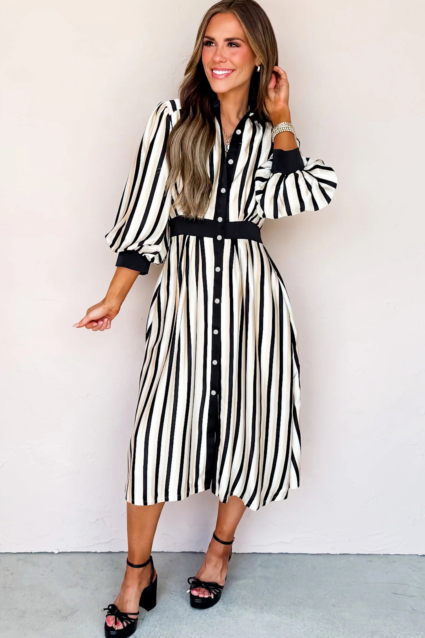 Black Stripe 3/4 Puff Sleeve Shirt Style Button Down Midi Dress