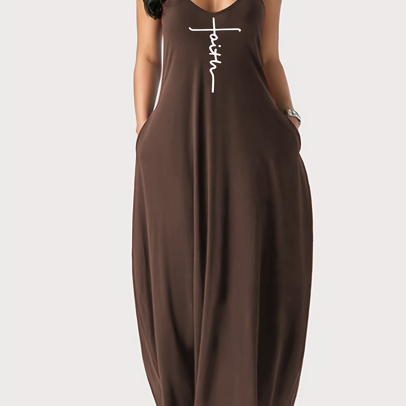 Faith Print Backless Dress, Casual Spaghetti Strap V Neck Loose Dress, Women's Clothing