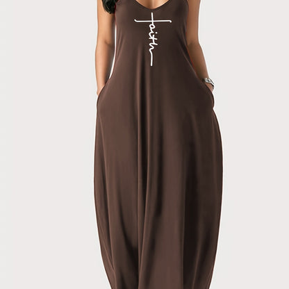 Faith Print Backless Dress, Casual Spaghetti Strap V Neck Loose Dress, Women's Clothing